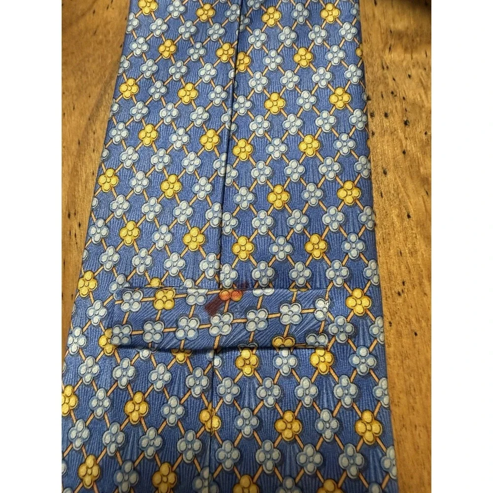 Faberge Mens Silk Tie Blue Yellow Floral Geo Print Handmade USA Luxury Necktie